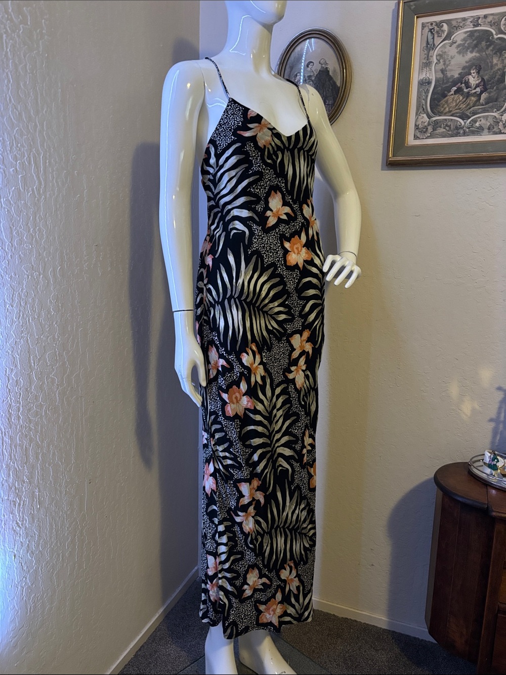 Black Floral Slip Maxi Dress with Pink & Cream Blooms